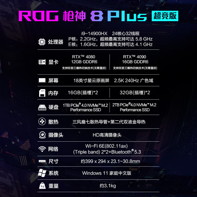 ROG枪神8 Plus超竞版华硕笔记本电脑二手 电竞游戏本 2.5K星云屏240HzP3广色域98新 枪神8P超竞版i9-14代-4090-64G+2T