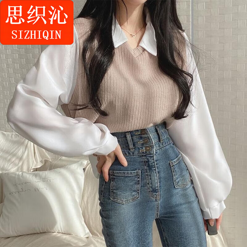 思织沁长袖T恤条纹假两件POLO领复古拼接螺纹卫衣女宽松高街翻领上衣 杏色 M