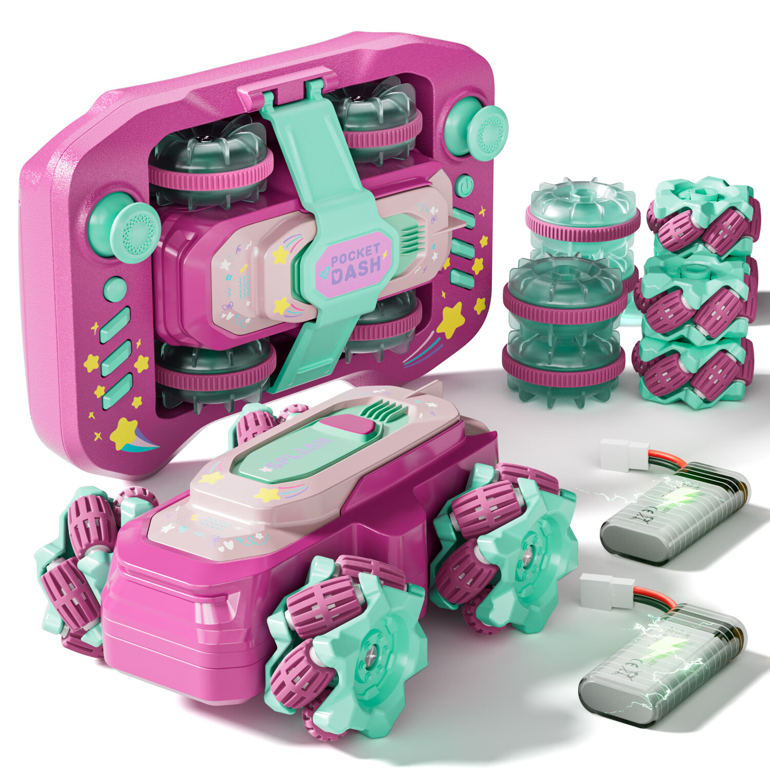 侧滑特技旋转万向麦克纳姆轮炫酷机甲电动车 10cm水陆两栖遥控车粉色