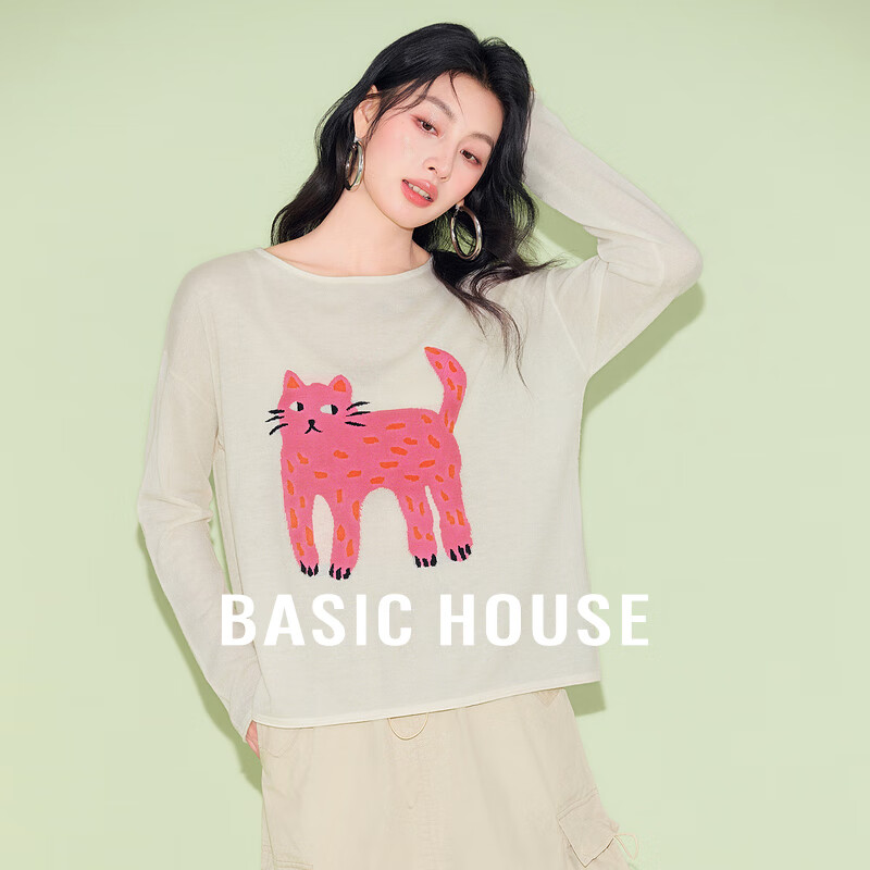 Basic House/百家好韩系复古长袖针织衫秋冬新款小猫提花圆领上衣 米色 M