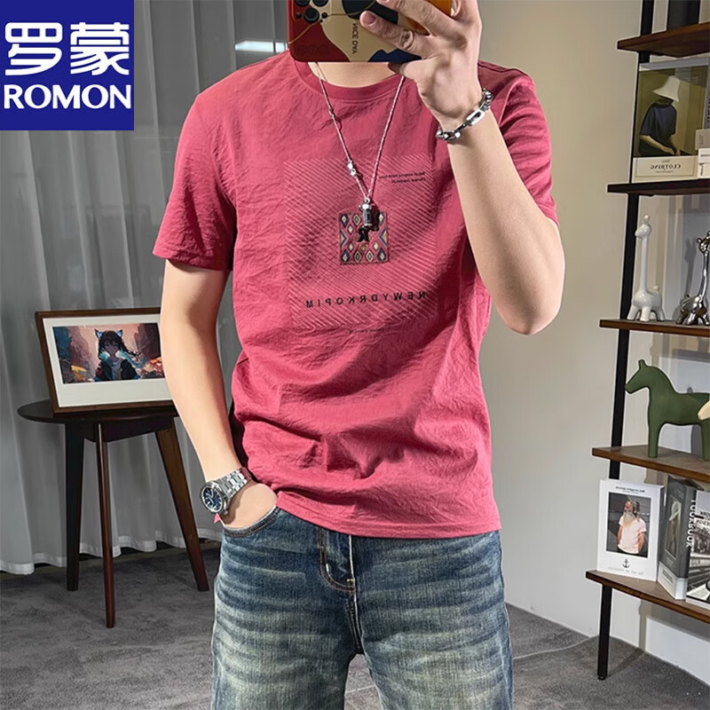 羅蒙冰絲棉麻男士短袖t恤夏季創(chuàng)意字母貼布印花刺繡薄款涼爽半袖t青年 紅色 【冰絲棉麻面料】 M 【建議90-115斤】