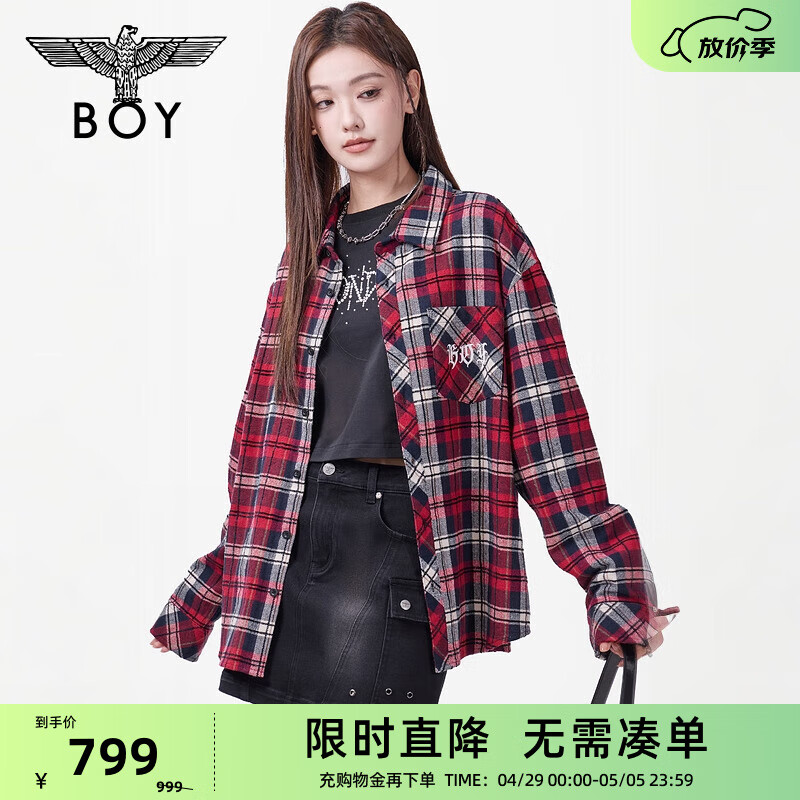 BOY LONDON【玫瑰花窗】25新款春夏情侶款刺繡格子襯衫外套N21004 棗紅色 L