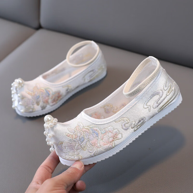 刺绣古装汉服鞋子女童绣花鞋老北京布鞋春儿童中国风舞蹈鞋 白色 28码