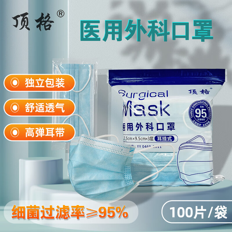顶格医用外科口罩独立装一次性三层防护过滤成人医疗透气亲肤不勒耳 蓝色 成人款100只【独立装】