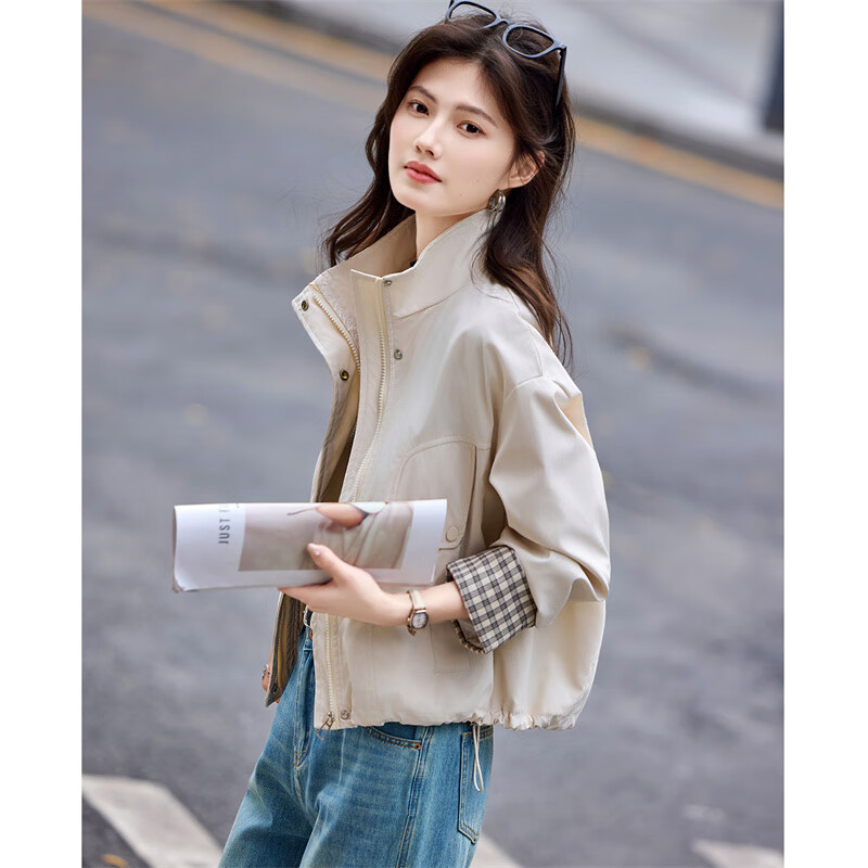 尚静外套女春秋新款女装时尚百搭格纹撞色抽绳设计感小个子短款外套女