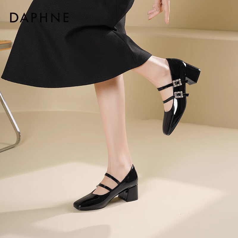 达芙妮玛丽珍女鞋2026春季新款粗跟方头高跟鞋女复古浅口皮鞋单鞋女ZJ 黑色【4.5cm粗跟】 40