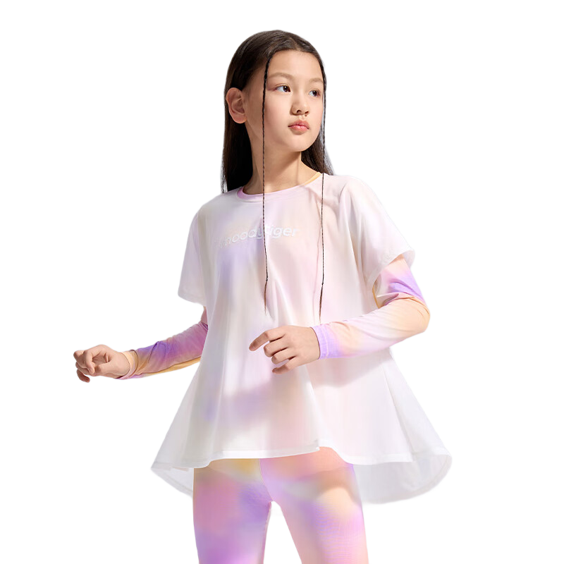 moodytiger【仙女家族】女童T恤輕薄涼感夏兒童防曬衣長袖假兩件上衣親子裝 幻境粉【仙女T】 130 cm