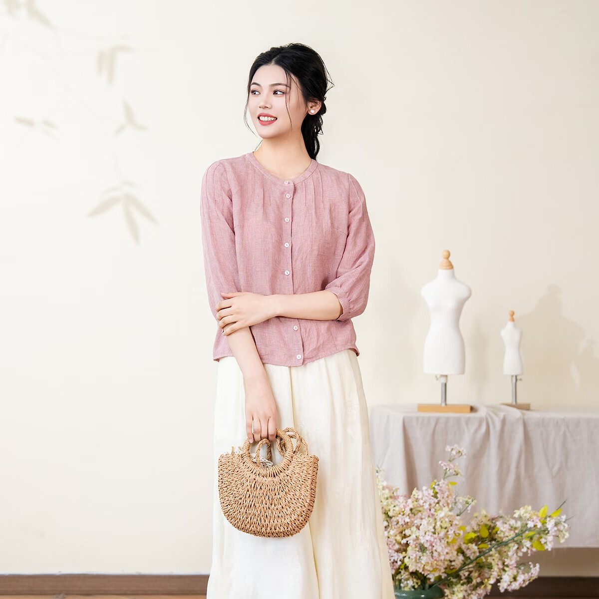 布符（Cloth Fu）布符2025夏季燈籠袖襯衫女收省領(lǐng)顯瘦復(fù)古現(xiàn)代職場(chǎng)通勤百搭外套 粉網(wǎng)格 L