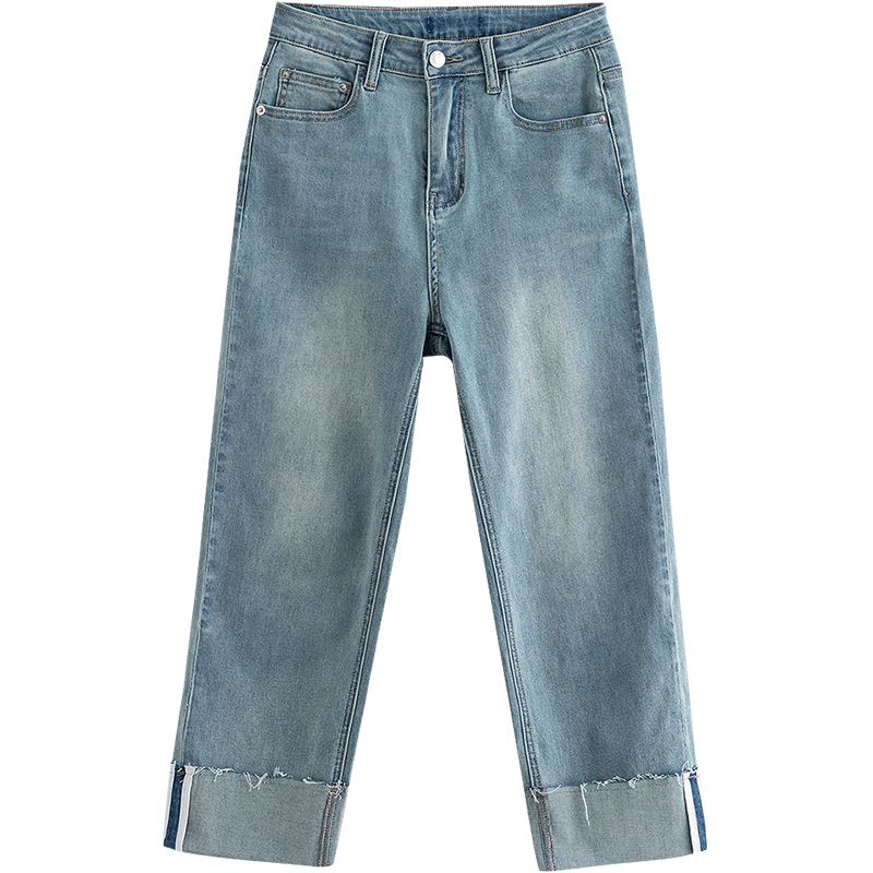 初语清爽直筒牛仔裤女2025春季新款翻边8分裤小个子 牛仔浅蓝  30