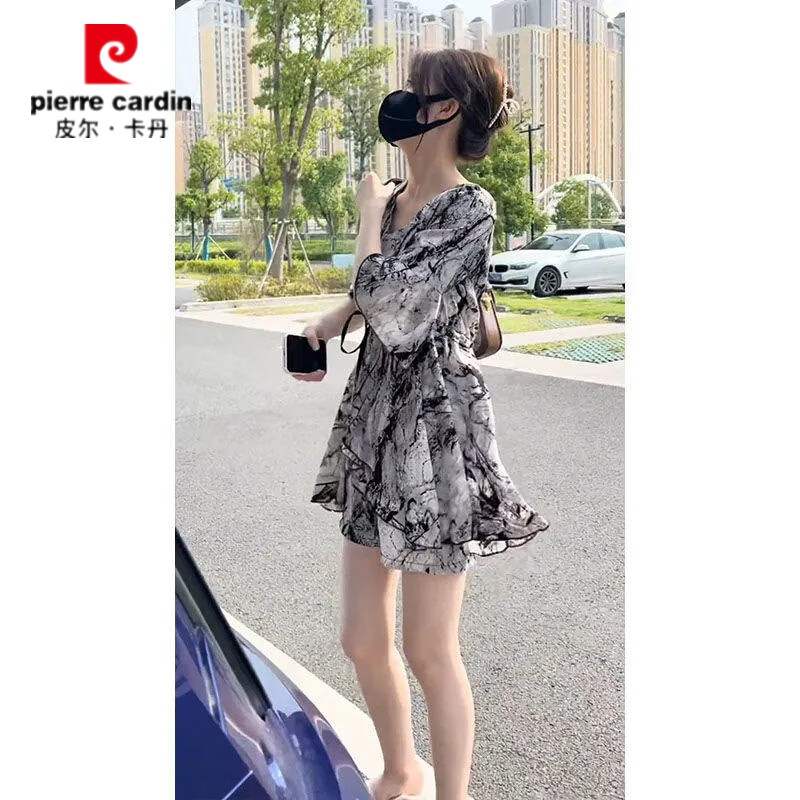 皮尔卡丹(pierre cardin)夏季雪纺套装宽松高腰显瘦洋气时尚连衣裙大码女装胖mm短裤两件套 水墨色套装【连衣裙+裤子】 XL 建议【125-140斤】