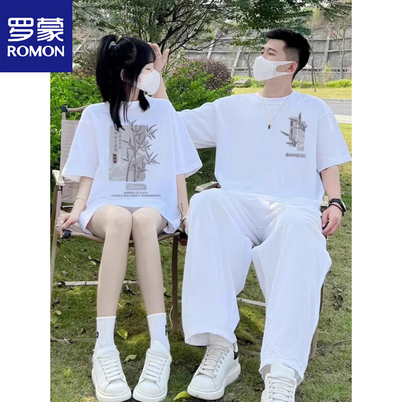 罗蒙（ROMON）特别的网红diy颜料情侣装夏装t恤2026新款夏季感短袖班服套装 绿色蝴蝶-男黑+女白 S XL =男S/女XL