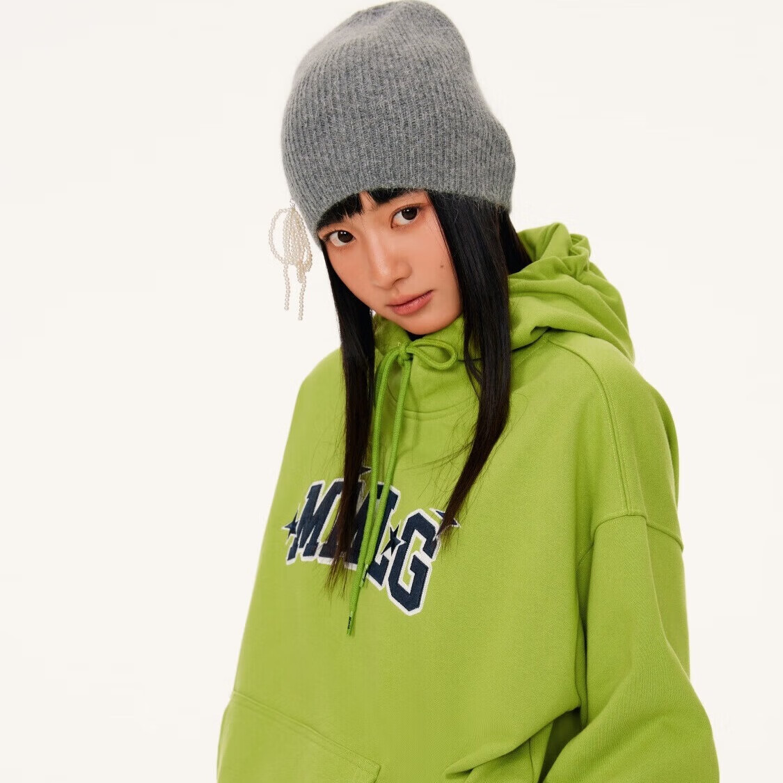 Mmlg 87mm 2025年新款连帽卫衣女个性撞色logo贴布绣时尚街头情侣外套 果绿色 S