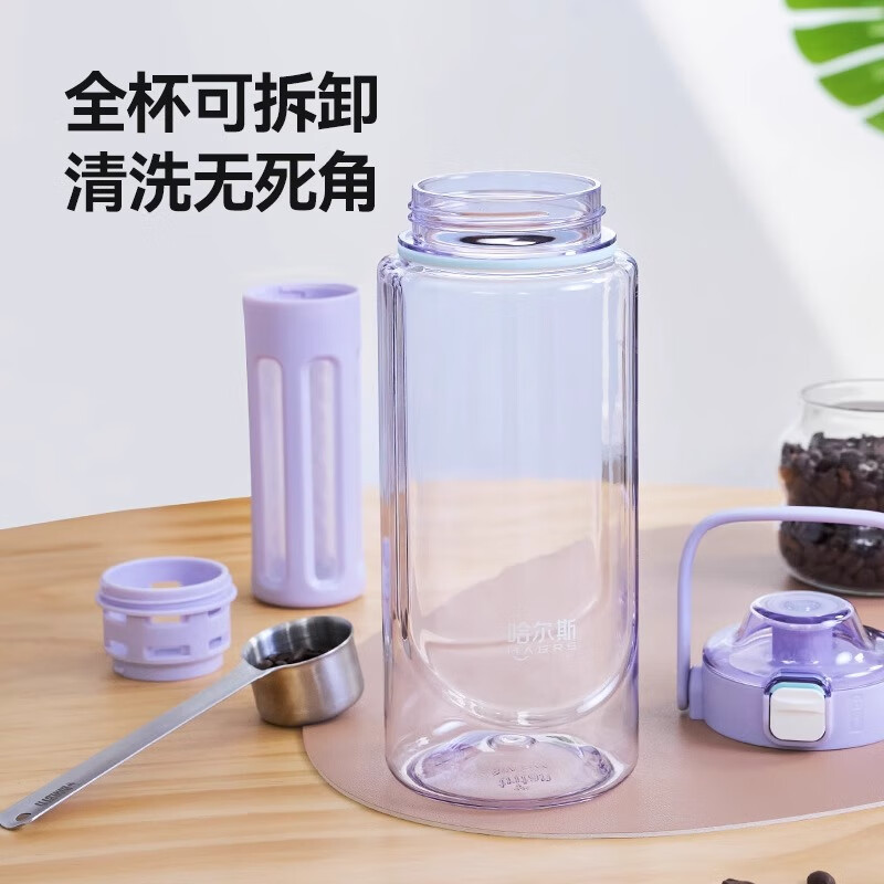 哈尔斯(HAERS)水杯大容量Tritan塑料杯学生夏季运动杯子男女茶水分离杯 天蓝1500mL【直饮&吸管&茶仓】