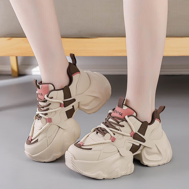 森馬女鞋秋季厚底老爹鞋女2025新款透气网面休闲鞋百搭增高运动鞋女 w574杏咖 37 (235mm)