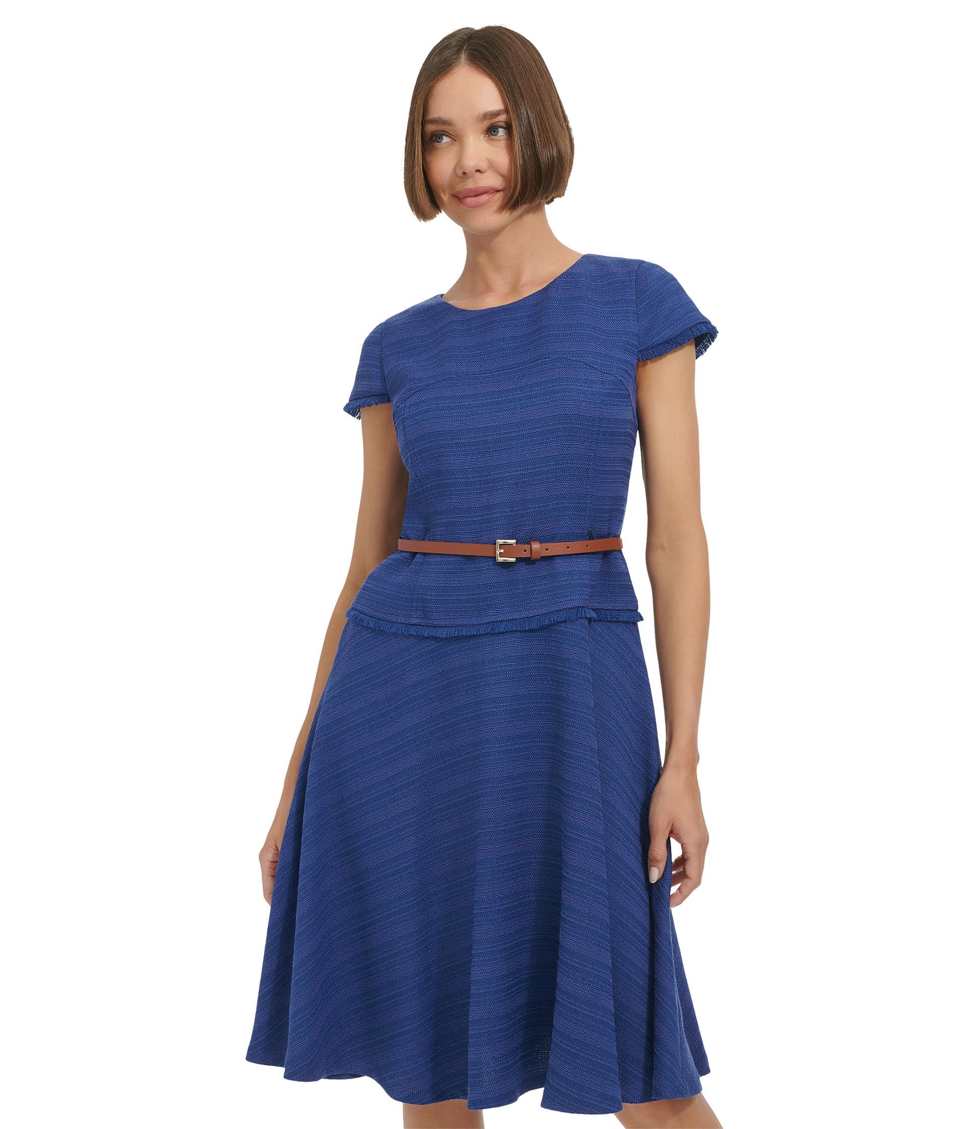 Tommy Hilfiger 女士修身喇叭连衣裙 纯色圆领短袖 膝盖长度 约会度假适用 海湾蓝 2