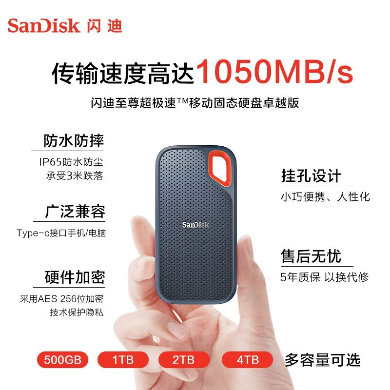 闪迪 SANDISK闪迪E81移动固态硬盘1TB便携加密USB3.2高速接口两用TypeC e61 云墨黑(读取峰值1050mb 1TB 1tb