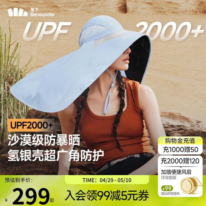 蕉下（beneunder）遮阳帽女防晒帽子太阳帽防晒面罩防紫外线披肩帽黑胶遮热蓝