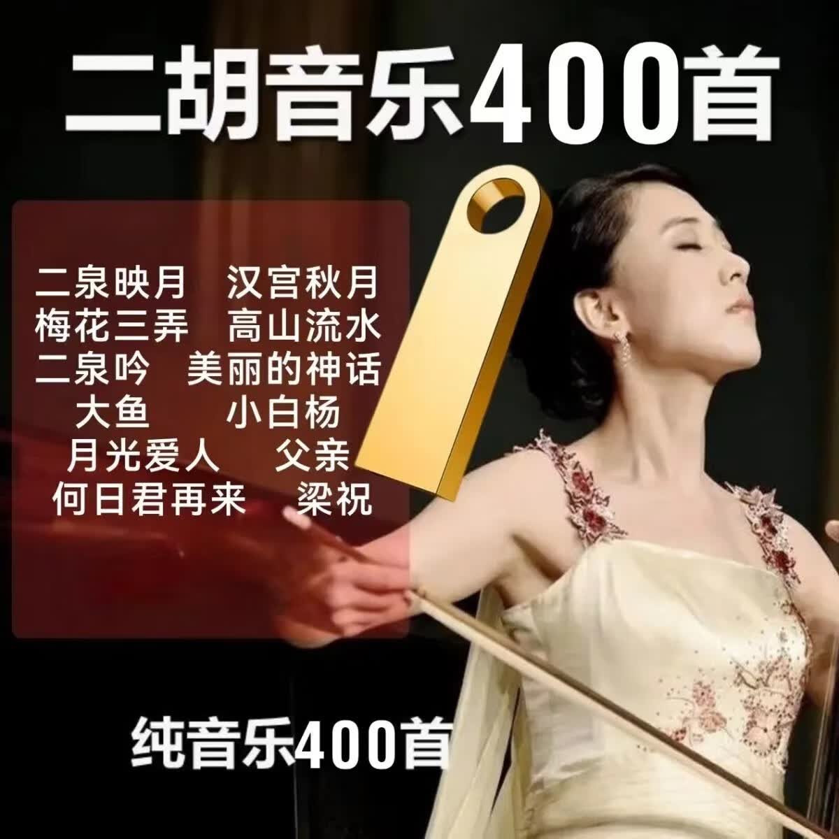 怀音二胡独奏曲U盘民乐经典名曲二泉映月纯音乐汽车载无损音质优盘mp3 二胡纯音乐400首 4GB