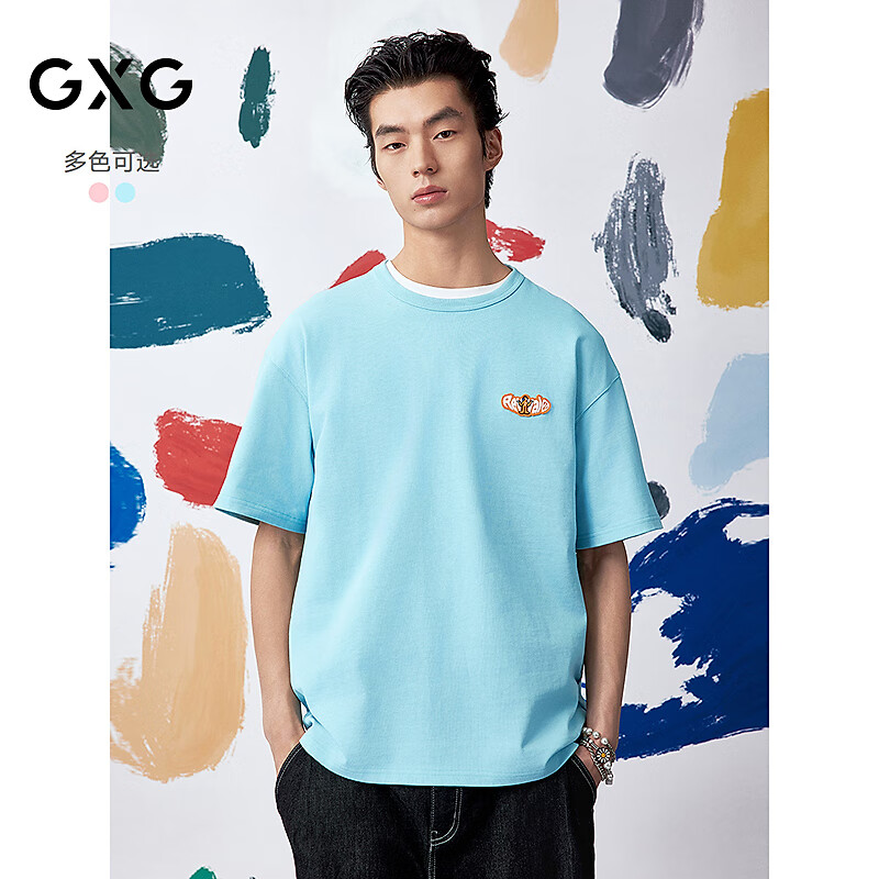 GXG男装[商场同款]圆领T恤联名款印花短袖针织25夏新品G25X442107 淡蓝色 S