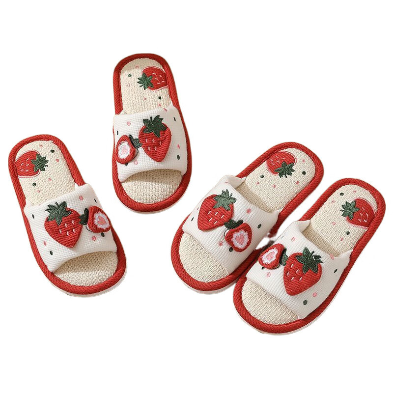 福虹辰2026新款四季亚麻拖鞋春秋居家室内防滑静音地板外穿棉麻布拖鞋Z 可爱草莓亚麻拖-红色 36-37 适合35-36