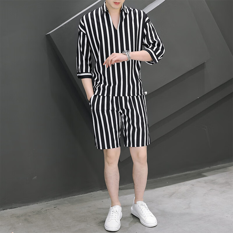 洛科驰夏季男士套装休闲时尚潮流仿冰丝短袖翻领条纹T恤短裤两件套 601【短裤套装】 M 85-100斤