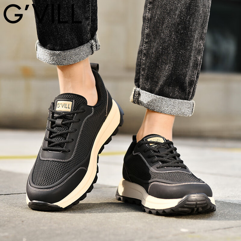 贵之步G'VILL夏季新款网面透气休闲鞋男士厚底软弹户外运动鞋潮流跑步鞋 黑色 （G1703) 42 （皮鞋码）