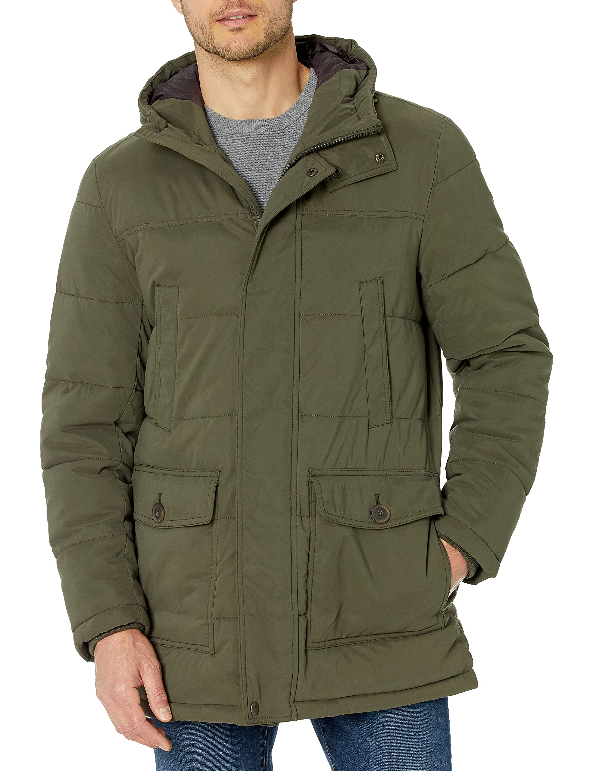 Dockers 男士长款连帽羽绒外套 保暖户外夹克 橄榄色 小号