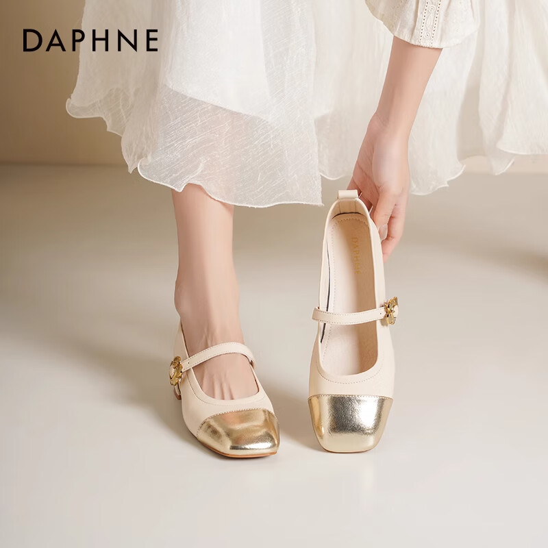 达芙妮玛丽珍女鞋2026春季新款气质花朵新中式拼色单鞋女粗跟高跟鞋JL 米金色【花朵搭扣】 跟高3.8cm 37