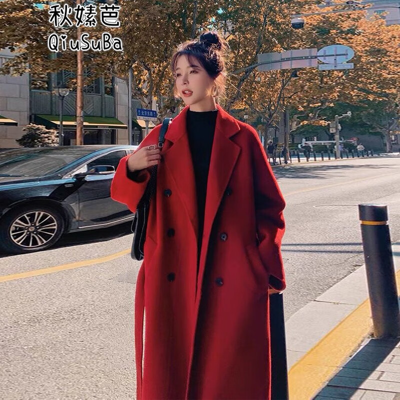 外套女中长款2022秋冬季加厚长袖宽松百搭赫本风过膝呢子大衣 酒红色