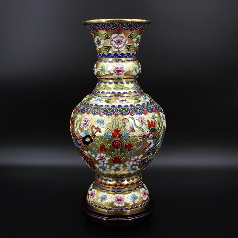 北京景泰藍花瓶擺件工藝禮品掐絲琺瑯花絲銀藍15寸龍鳳呈祥花菇瓶 15寸紙盒裝