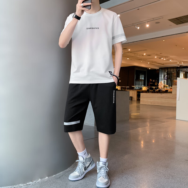 洛科驰运动套装男士2025新款潮牌短袖夏季潮流青少年帅气休闲一套装衣服 881白色 M