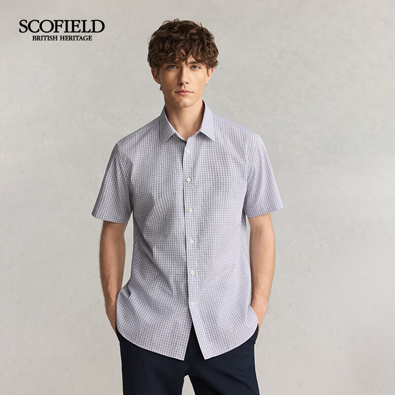 Scofield男士25年夏季新款纯棉商务休闲短袖时尚百搭通勤格子衬衫 紫色 XL (180)