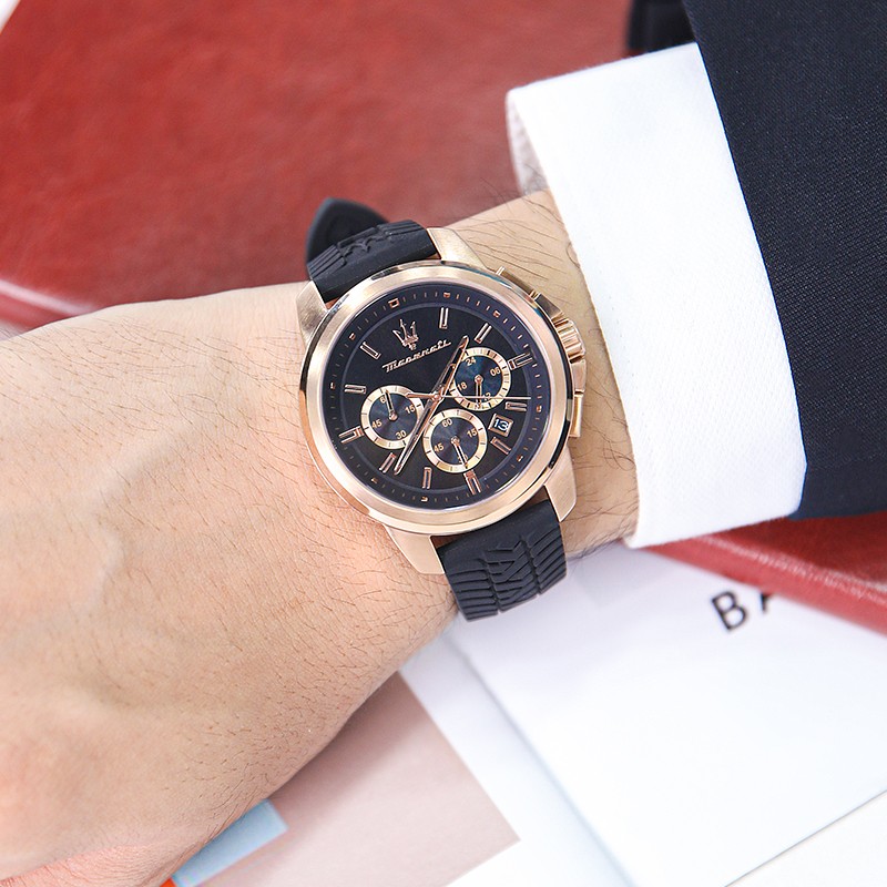 玛莎拉蒂（MASERATI）手表男运动防水三眼计时日历石英表时尚硅胶表带名表圣诞节礼物 城市黑金-R8871621012