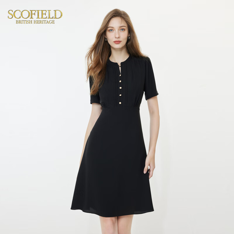 Scofield女裝簡約圓領(lǐng)藍(lán)色連衣裙優(yōu)雅收腰短袖中長裙夏季裙子 黑色 S 160