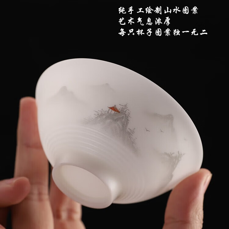 羊脂玉瓷普洱杯冰种素烧高端手工陶瓷主人杯斗笠杯描金手绘伴手礼 薄胎-手绘山水-斗笠杯 100ml 1只