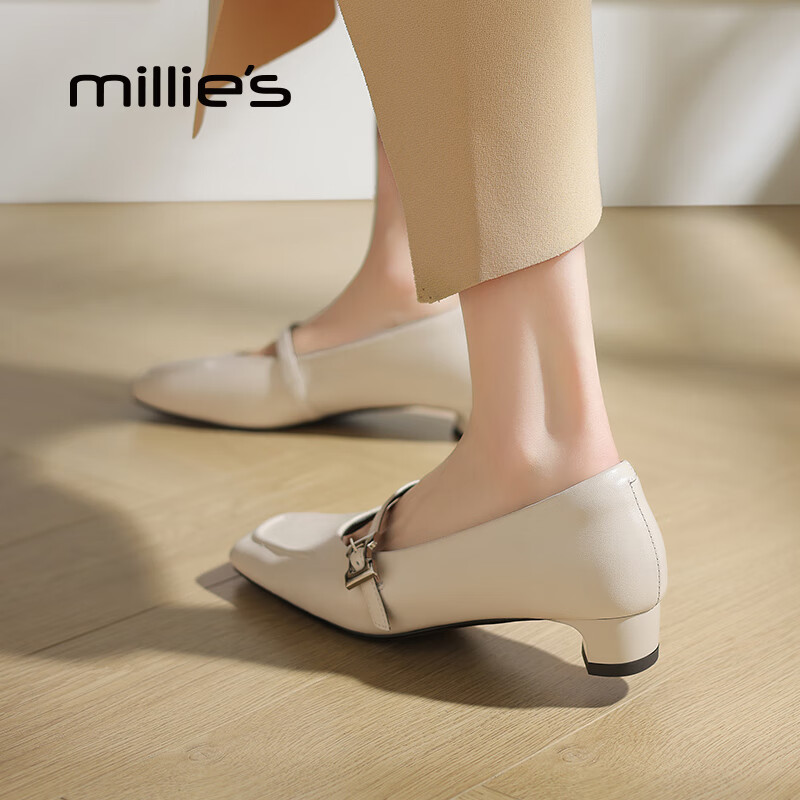 妙丽玛丽珍鞋女低跟真皮浅口时尚百搭2025夏季新款百搭通勤单鞋 米白 37 (235mm) 标准码