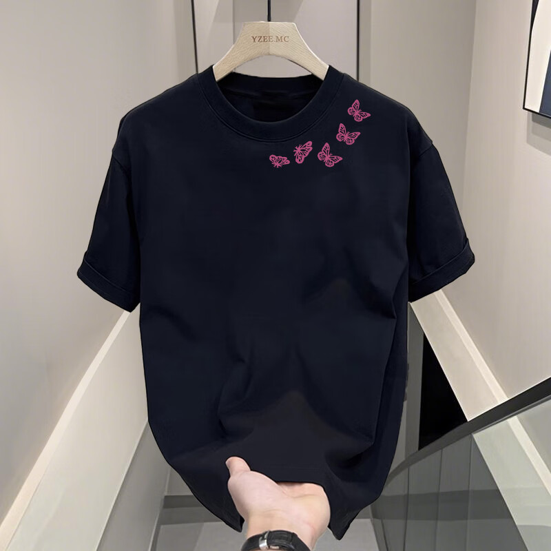 宾色设计感夏季短袖t恤男ins潮牌宽松简约美式复古重磅纯棉半袖T恤衫 黑色 XL 【适合140-160斤】