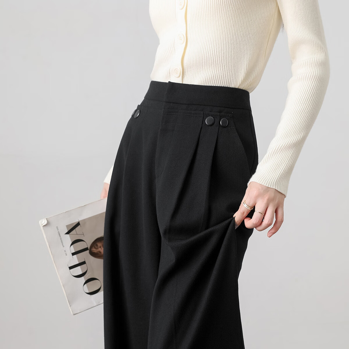 德玛纳【无条件包容腿型】秋简约风设计感拼接褶裥装饰扣直筒藏肉休闲裤