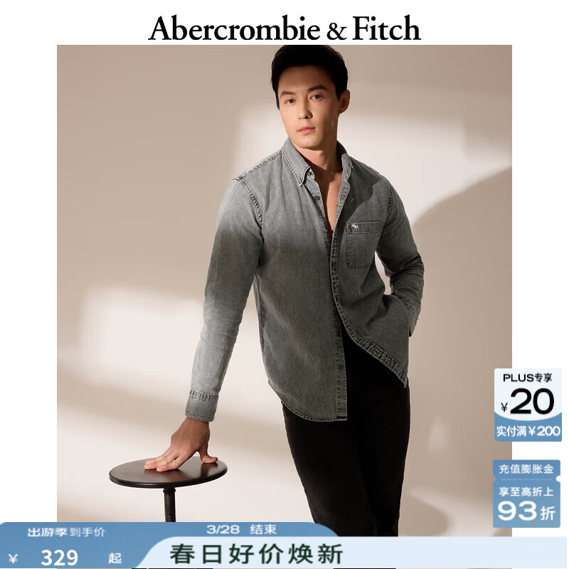 ABERCROMBIE & FITCH男裝春秋經(jīng)典小麋鹿美式復(fù)古通勤牛仔布襯衫KI125-4040 淺灰色 L (180/108A)