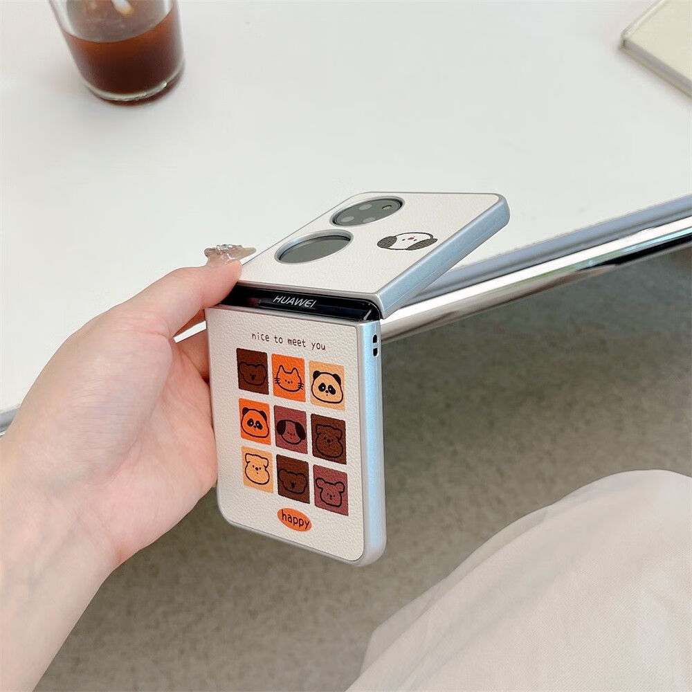 Hnew适用于华为pocket2手机壳新款ins可爱皮纹九宫格小动物P50 Pocket折叠宝盒保护套全包防摔女高级感 手绳款【九宫格小动物 白色皮纹】轻奢肤感 华为Pocket2