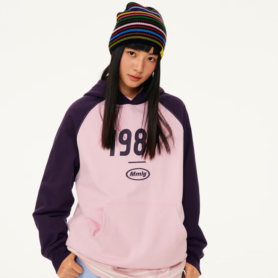 Mmlg 87mm 2025年新款插肩袖连帽卫衣女撞色拼接1987经典logo情侣上衣 酱紫色 M
