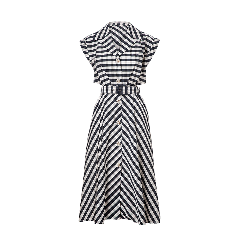 迪圖【抗皺易打理】2025夏季名媛風連衣裙露腰設計條紋顯瘦中長裙 深藍 S