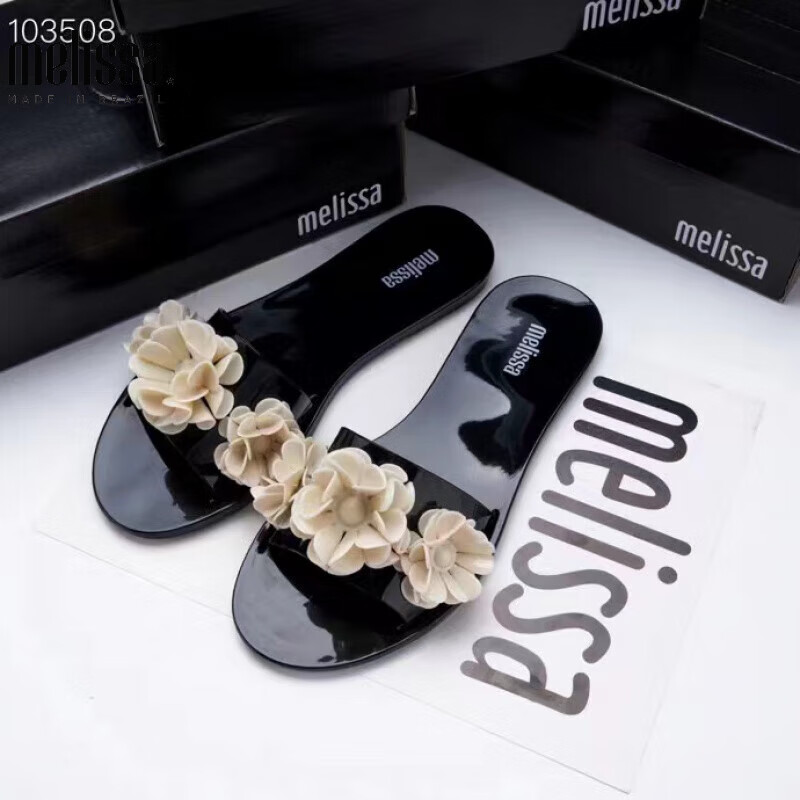 梅丽莎2024新款果冻鞋melissa拖鞋人字拖立体山茶花巴西一字拖外穿 黑山茶花 40