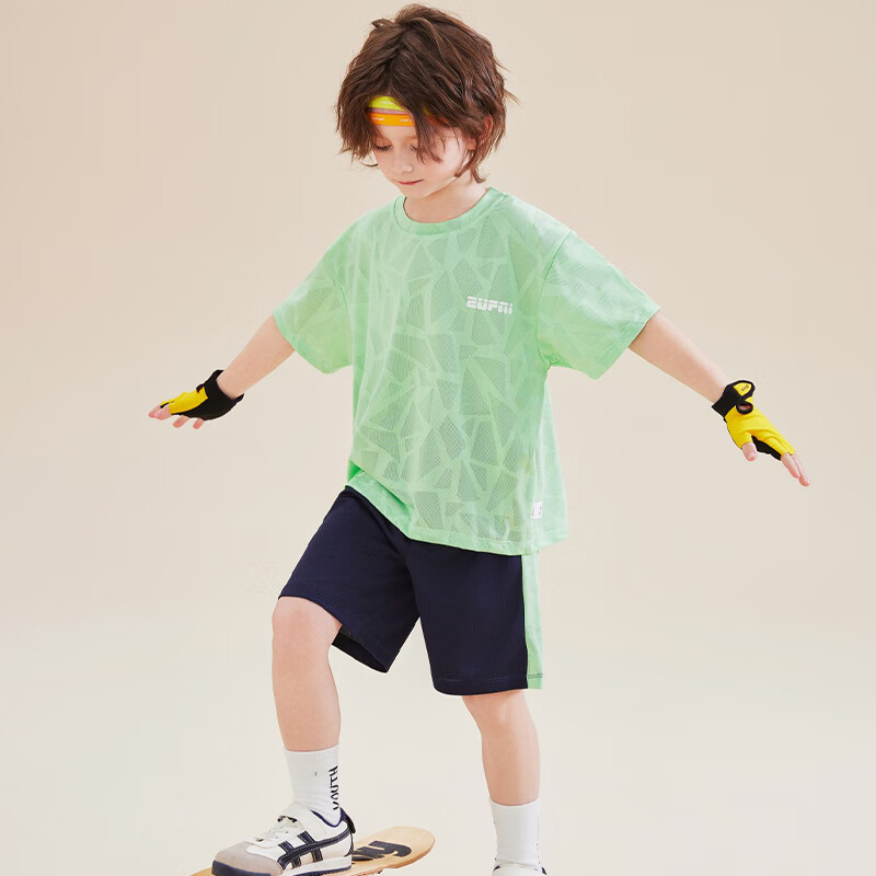 猫人（MiiOW）男童新款套装短袖速干儿童中大童凉感透气T恤五分裤两件套夏款 蓝色 120 【推荐体重30-35斤】