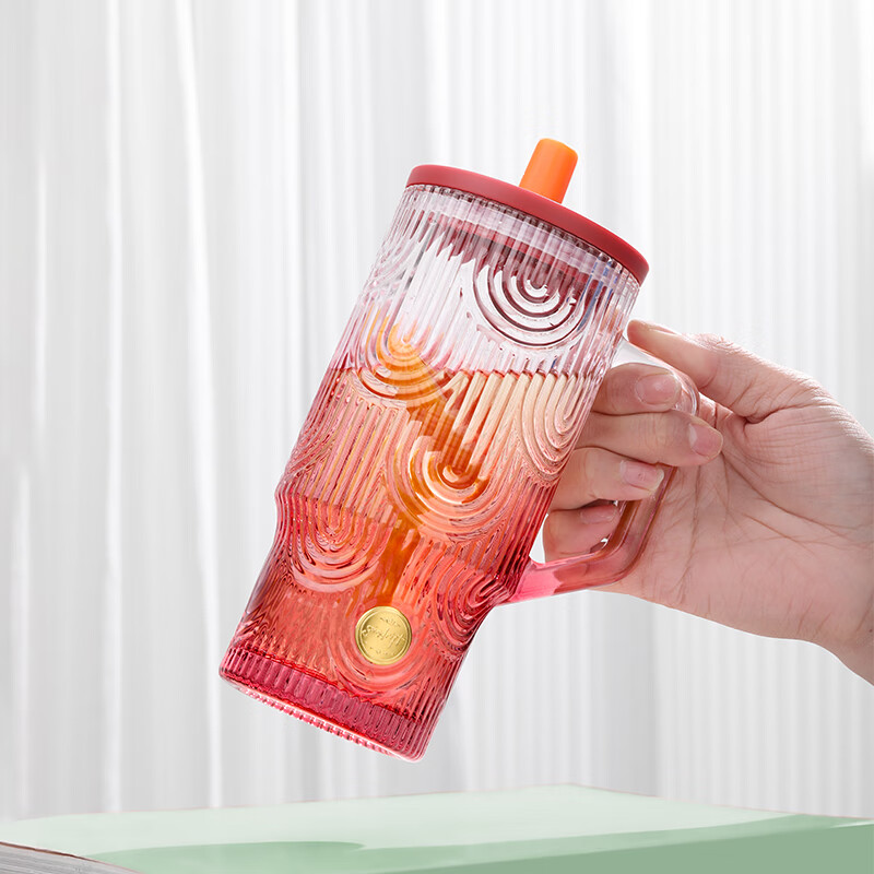 乐唯诗网红超大容量把手吸管玻璃杯子冰霸杯高颜值家用办公室巨无霸水杯 冰霸吸管杯【樱桃红】 620ml 1只
