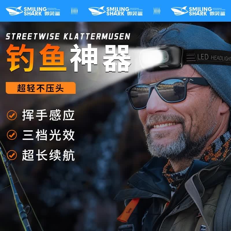 微笑鲨感应夜钓灯头灯强光充电超亮头戴式照明灯超长续航户外钓鱼专用 【无感化迷你超轻36g】大容量 超长续航+挥手感应