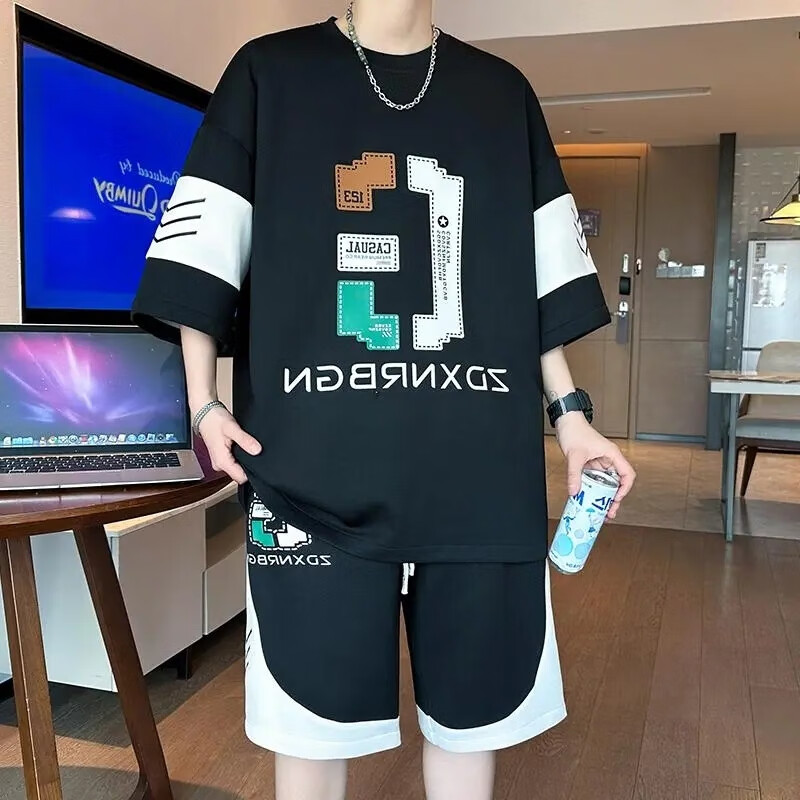 洛科驰短袖短裤套装男ins潮牌高中学生T恤男青少年休闲运动五分沙滩裤男 黑色 M 【建议86-100斤】