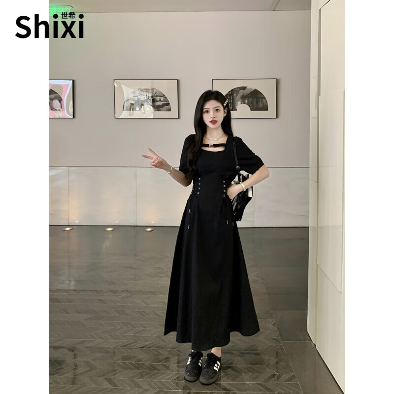 世希大碼女裝法式短袖連衣裙女夏季收腰顯瘦牛仔裙胖MM梨形身材長裙子 黑色長款 4XL (建議180-200斤)