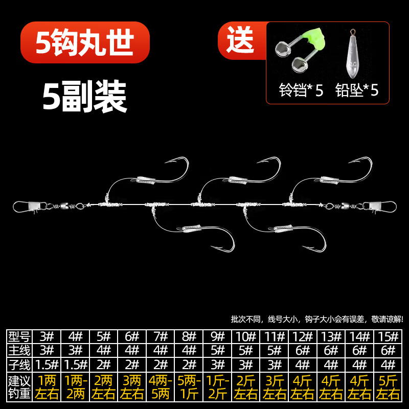 TULXT結(jié)遠投防纏繞海釣串鉤線組丸世歪嘴魚鉤釣組黃辣丁昂刺鯰魚3五鉤 (T結(jié)5鉤)丸世5付餸鉛墜20g+鈴鐺 3號
