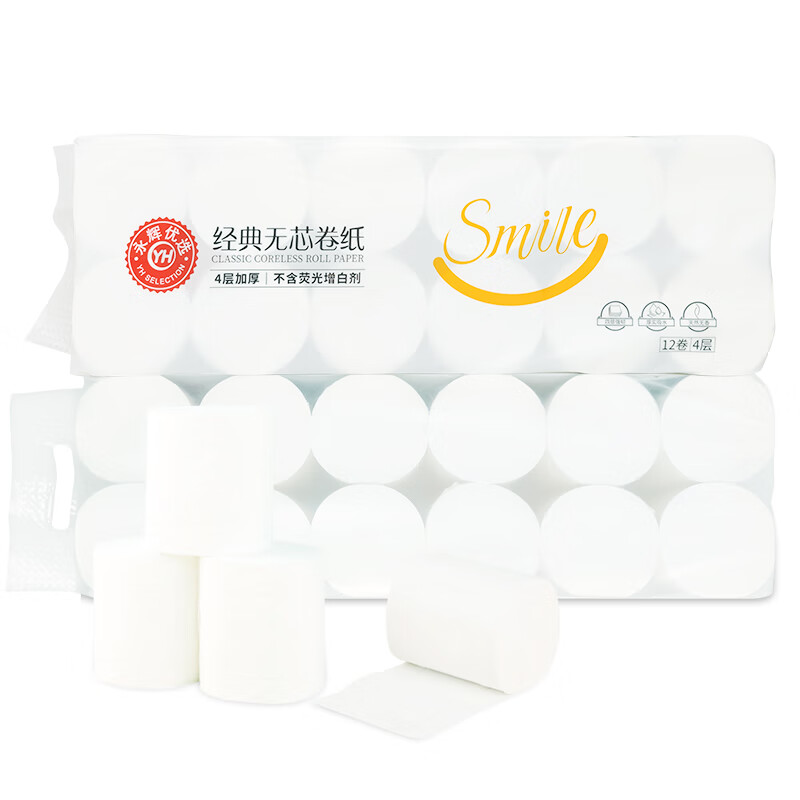 永辉优选优颂经典四层无芯卷纸1860g155克12卷木浆卫生纸厕纸 4层 1860g*12卷 永辉优选木浆经典无芯卷